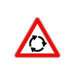 Roundabout crossroad ahead, red triangle warning sign vector illustration.