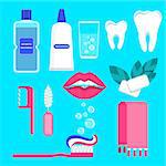 Set of oral care products. Toothpaste, toothbrush and lotion, dental floss, chewing gum. Flat vector cartoon illustration. Prevention of diseases of oral cavity. Objects isolated on blue background.