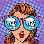 Woman with sunglasses. human skull in reflection. Comic cartoon pop art retro illustration vector kitsch drawing
