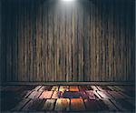 3D render of a grunge wooden interior with spotlight shining down