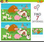 Cartoon Illustration of Finding Seven Differences Between Pictures Educational Activity Game for Children with Farm Animals
