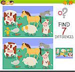 Cartoon Illustration of Finding Seven Differences Between Pictures Educational Activity Game for Children with Funny Farm Animals