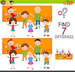 Cartoon Illustration of Finding Seven Differences Between Pictures Educational Activity Game for Children with Kids Characters Group