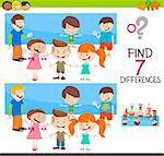 Cartoon Illustration of Finding Seven Differences Between Pictures Educational Activity Game for Children with Boys and Girls Characters Group