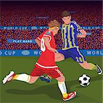 Soccer gameplay. Two football players from different teams, running for ball on football field, front side view, spectator area on background. Duel concept