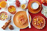 Table with fresh salmon, boiled eggs and tomatoes