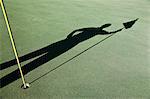 Shadow of golfers and the flag on a green of a golf course.