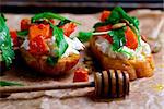 pumpkin, ricotta, arugula bruschetta.style rustic.selective focus