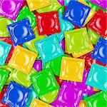 Group of different colored condoms, top view