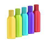 Group of plastic bottles for cosmetic liquids with different colors