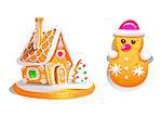 Gingerbread house decorated candy icing and snowman . Christmas cookies, traditional winter holiday xmas homemade baked sweet food vector illustration