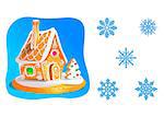 Gingerbread house decorated candy icing and a set of snowflakes isolated on white. Vector illustration.