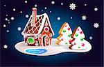 Composition of gingerbread house and fir trees in the night sky and snowfall. Christmas card, vector illustration