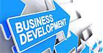 Business Development - Blue Arrow with a Label Indicates the Direction of Movement. Business Development, Label on the Blue Cursor. 3D Render.