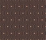 Seamless pattern with black gold hexagons and striped lines. Optical illusion effect. Geometric tile in op art style. Vector illusive background, texture. Futuristic element, technologic design.