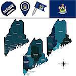 Vector map of Maine with named regions and travel icons