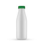 Plastic blank milk  bottle with green screw cap for dairy products. Isolated white background. Vector mockup for your design.