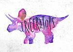 Dynosaur poster lettering triceratops drawing with color, vivid paint on dirty paper background.