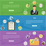 Auditing, Tax, Business Accounting horizontal banners with flat style icons auditor, folder, tax form, laptop, charts, money and calculator. Isolated vector illustration