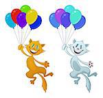 Set of Cartoon Cats, Red and White Funny Pets, Smiling and Flying with Bundle of Colorful Balloons, Isolated on White Background. Vector