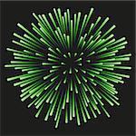 Green fireworks on a black background. Celebration, show, boom, isolated objects, vector illustration