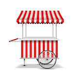 Realistic street food cart with wheels. Mobile red market stall template. Farmer shop market cart, kiosk store mockup. Vector illustration EPS 10