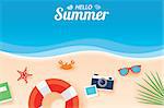 Hello summer card banner with vacation beach paper art background.