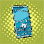 smartphone chain lock. Locked gadget. Protected technologies. Pop art retro vector illustration comic cartoon kitsch vintage drawing