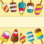 Tasty colorful ice cream set. Collection ice-cream cones and Popsicle with different topping isolated on white background. Vector illustration for web design or print