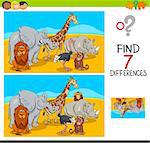 Cartoon Illustration of Finding Seven Differences Between Pictures Educational Activity Game for Kids with African Animal Characters Group