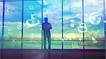 A businessman in the background of a window is carefully studying a lot of corporate data. Silhouette stands in a large office building in front of a panoramic glass window.