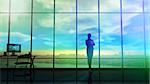 In the large office opposite the panoramic window stands the silhouette of the business lady.