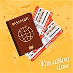 Vacation and Tourism Concept with Flat Icons Aircraft, Passport and Tickets. Vector illustration