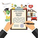 Insurance Services Concept with hands holds insurance policy and flat icons House, Education, Money and Family. Isolated vector illustration