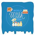 World milk day card with handwritten 3d lettering and flat icons bottle of milk, cheese and cowisolated on blue background. Vector illustration.