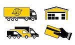 A set of icons cargo delivery, truck, minivan, warehouse goods and purchase, hand holding credit card.