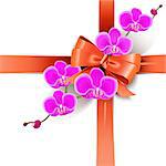 Vector Decorative Bow with Orchids isolated on white background