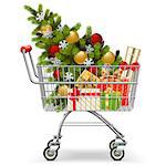 Vector Supermarket Cart with Christmas Tree isolated on white background