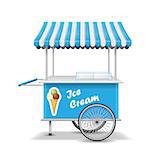 Realistic street food cart with wheels. Mobile blue ice cream market stall template. Ice cream market cart mockup. Vector illustration EPS 10