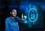 Businessman accessing security feature on futuristic hologram computer