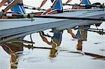 Reflection of female rowers rowing scull on lake