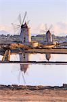 Windmills and salt flats at dawn, Saline dello Stagnone, Marsala, province of Trapani, Sicily, Italy, Mediterranean, Europe