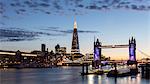 Tower Bridge and The Shard at sunset, taken from Wapping, London, England, United Kingdom, Europe