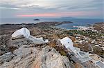 View of Livadi Bay and white Greek Orthodox churches from atop Pano Chora, Serifos, Cyclades, Aegean Sea, Greek Islands, Greece