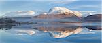 Snow capped Ben Nevis reflecting on the calm surface of Loch Linnhe at Corpach near Fort William, Highlands, Scotland, United Kingdom, Europe