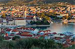 Elevated view over the old town of Trogir, UNESCO World Heritage Site, at sunrise, Croatia, Europe