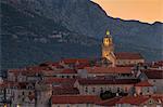 Elevated view over the old town of Korcula Town at dawn, Korcula, Croatia, Europe