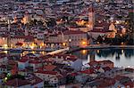 Elevated view over the old town of Trogir at dusk, UNESCO World Heritage Site, Trogir, Croatia, Europe