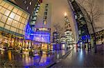 Fisheye view of More London skyline and The Shard visible in background at night, Southwark, London, England, United Kingdom, Europe