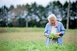 Elderly woman with grey hair standing in a garden, holding basket with fresh vegetables, looking down.